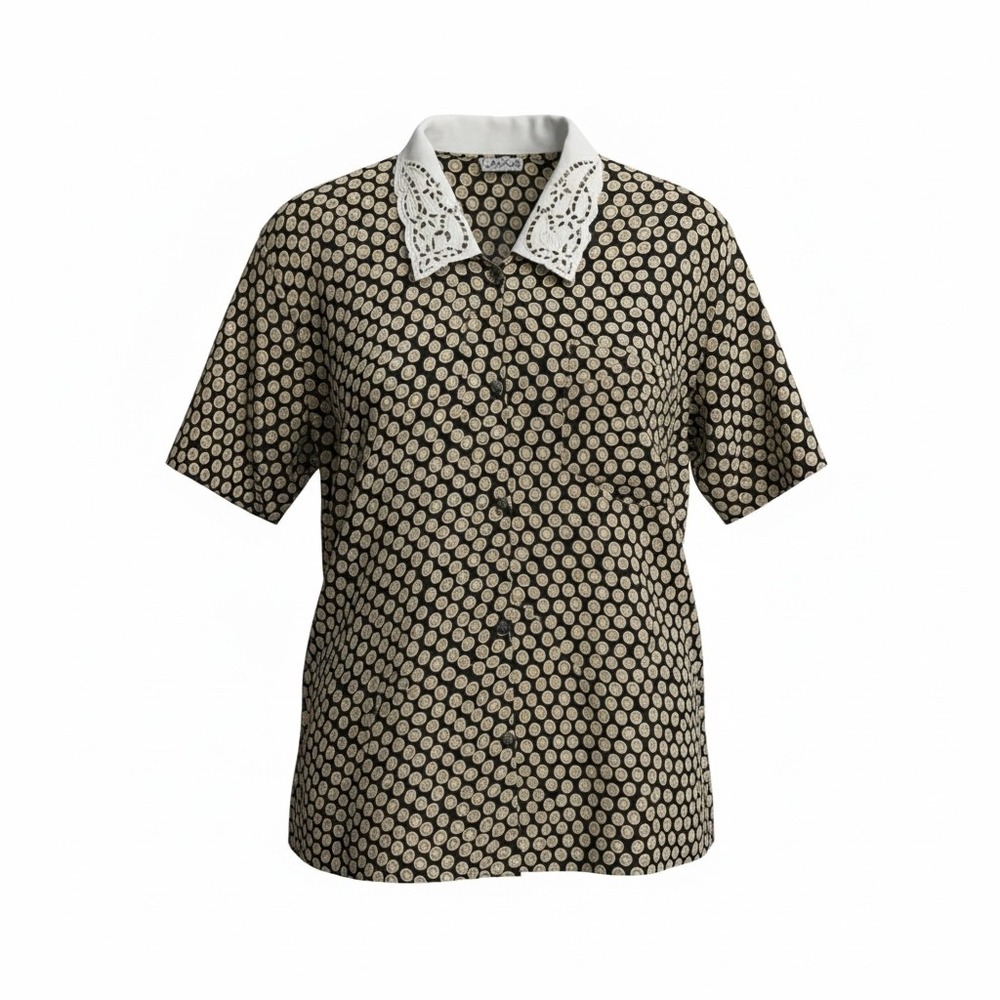 COSCO Womens Black Beige‎ Patterned Button Up Shirt with White Crochet Collar